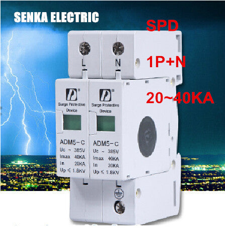 Protector sobretensiones, SPD, AC, mon/bifásico, EN 61643-II, Tipo 2, IEC 61643-I Class II, SPD to VDE 0675-6, Class C, 125A /3A, Max. Continuous voltage Uc 385 V, IP20, para Riel Omega, SENKA SPD 20-40KA 1 P