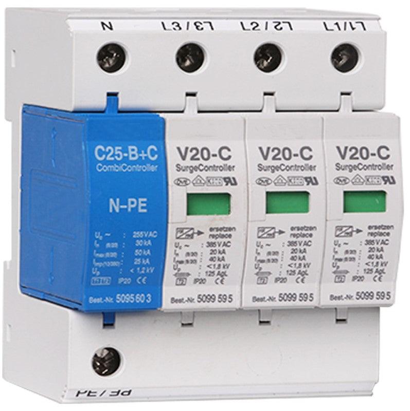 protector sobretensiones, SPD, trifásico, 20KA-40KA V20-C/3 + descargador de sobretensión NPE-385 V AC