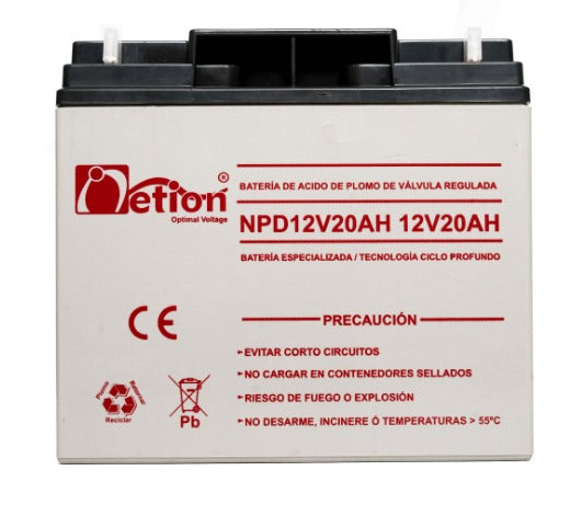 baterí­a 12V, 20 AH, descarga profunda.