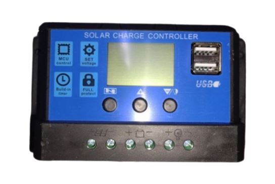 Controlador Solar 20 Amp, PWM, 12/24V, Con doble puerto USB y Display, azul, para plantas solares.