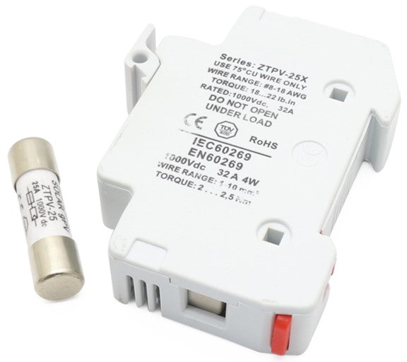 Portafusible, riel, 10X38, 1000VDC, hasta 30A, c/LED, ZTPV25X, para Protección de sistemas solares.